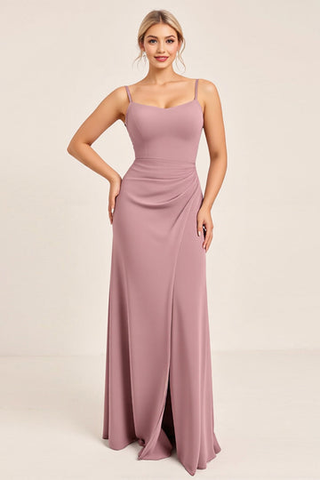 Vintage Mauve Sheath Spaghetti Straps Long Bridesmaid Dress with Slit